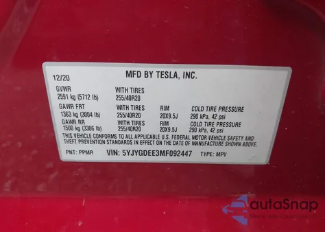 2021 Tesla Model Y Long Range Dual Motor All-Wheel Drive из США, поврежденный, VIN 5YJYGDEE3MF092447